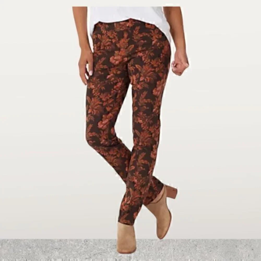 Isaac Mizrahi Live! 24/7 Stretch Brown & Rust Fall Floral Pants Plus Size 30W